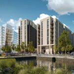 Gevelaanzicht van het nieuwbouwproject Trafford Waters in Manchester met moderne appartementen